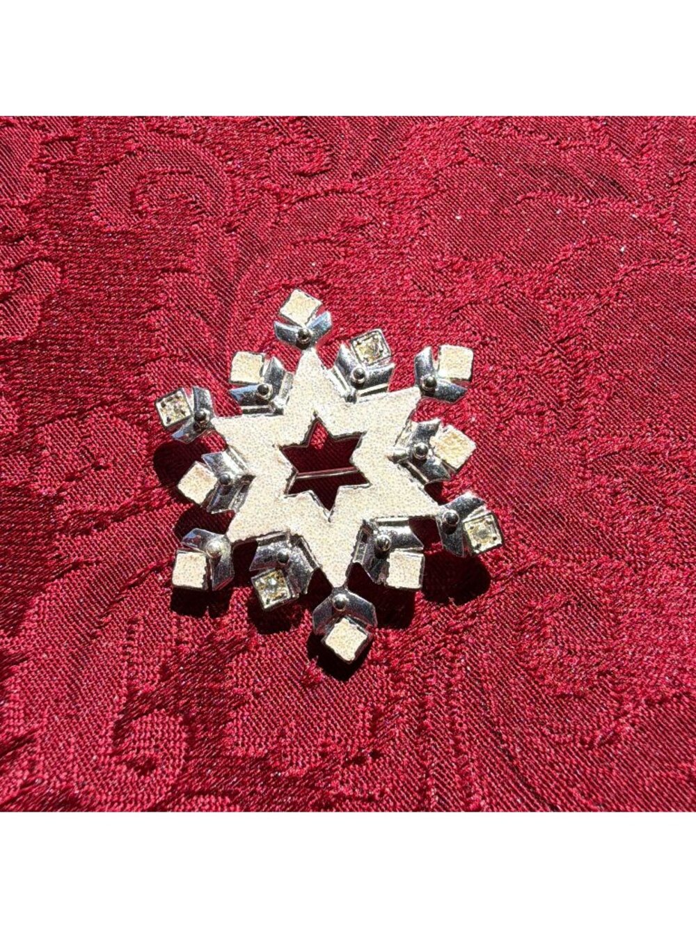 Vintage Christopher Radko Snowflake Brooch Silver Tone White Glitter Pin 1.75"